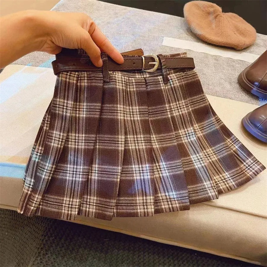 Girls plaid pleated cotton blend skirt with A-line design in six height sizes