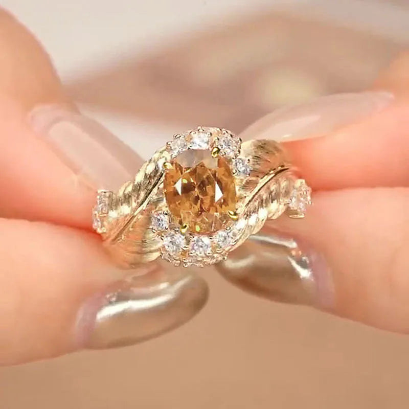 Gold copper feather embossed ring with yellow zircon stones for women