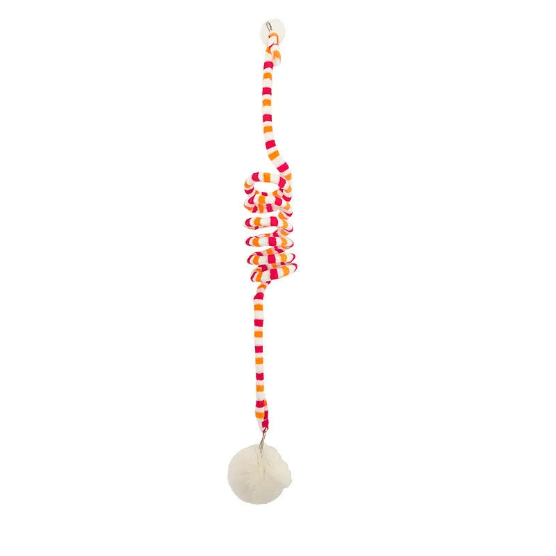 Hanging cat toy with colourful spring bell stick and inflatable ball attached to clear suction cup