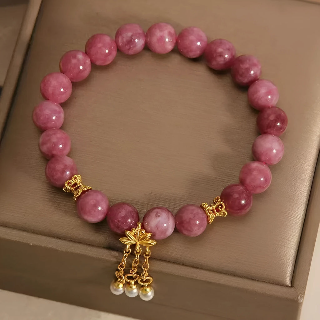 Pink lotus tassel natural stone bracelet with pearl pendant and electroplated finish