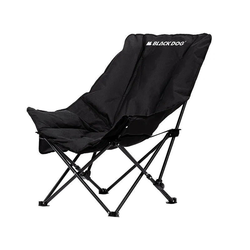 Night black Oxford cloth folding moon chair with thickened padding shown in folded and open positions