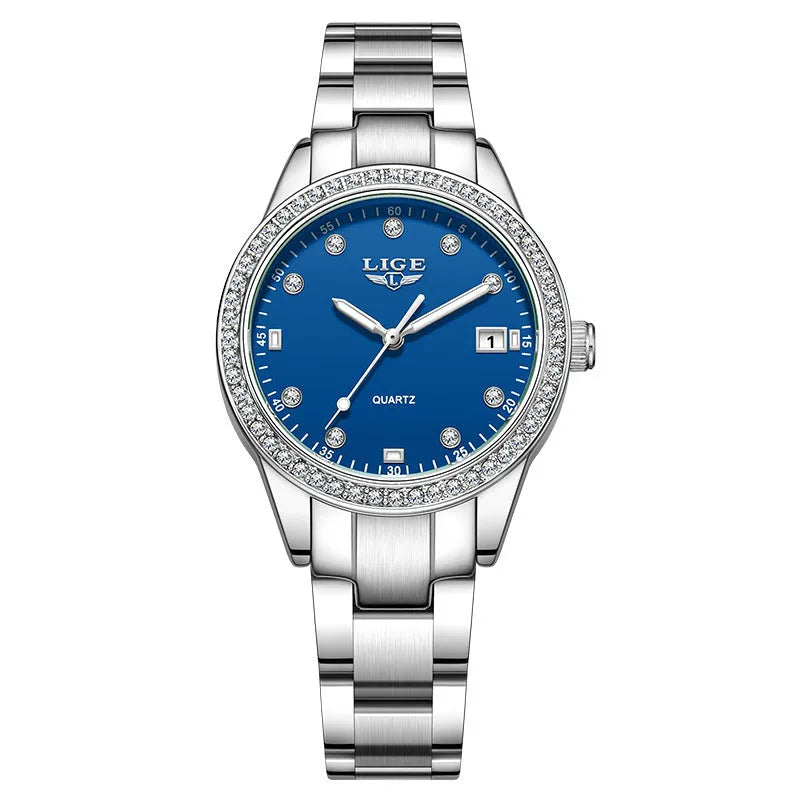 Fashion girl quartz watch with stainless steel case, luminous dial, and spiral crown in silver colour options