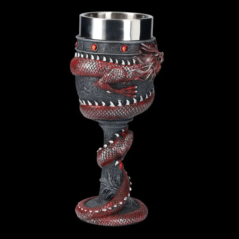 Red wine glass with 3D dragon stainless steel stem, resin base, and 200ml clear glass bowl in gold or red