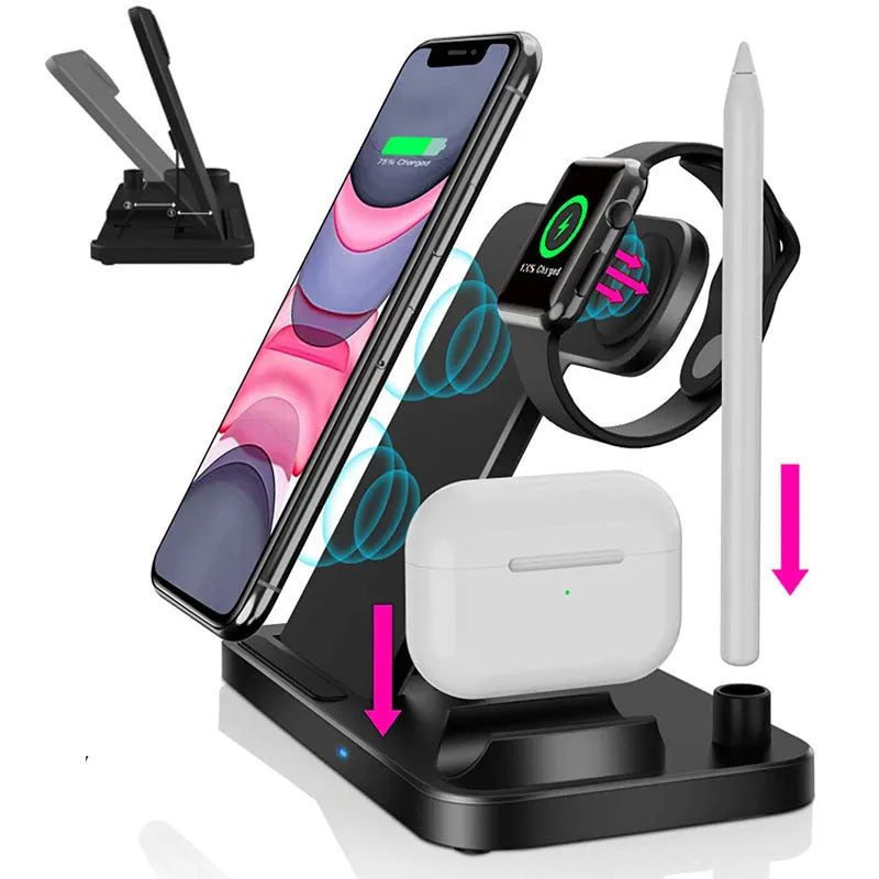 A folded 4-in-1 wireless charger for Apple devices in Space Grey, showing MagSafe pad and Apple Pencil slot.