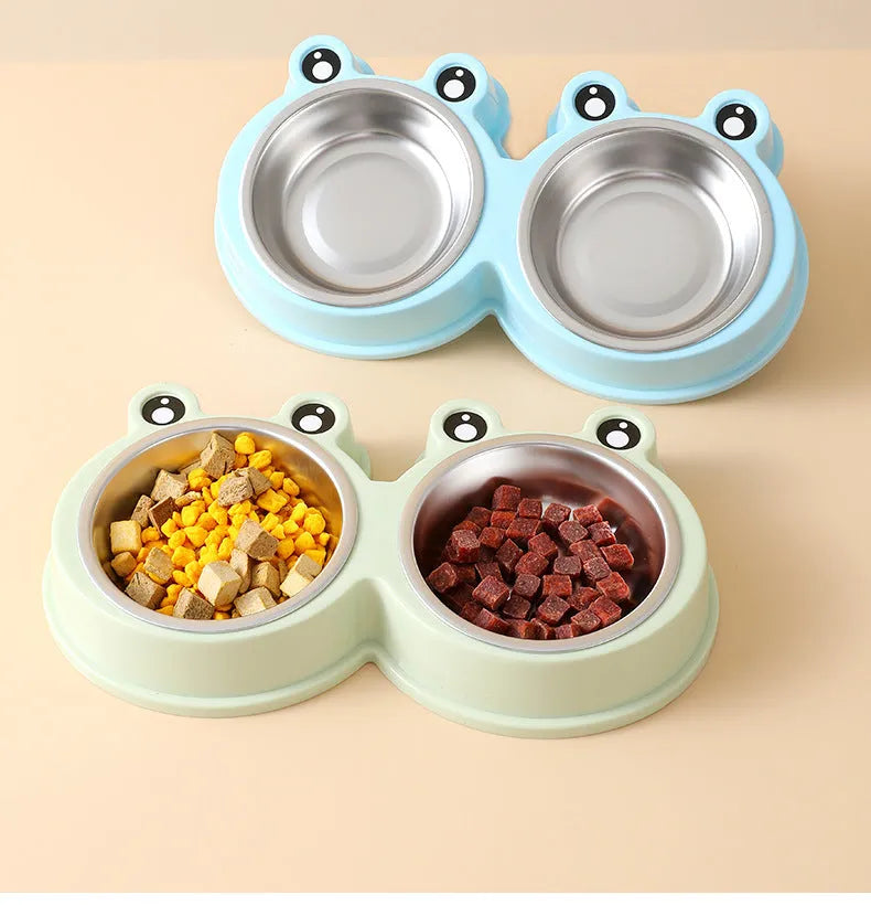 Stainless steel double compartment pet bowl set for cats and dogs in blue colour