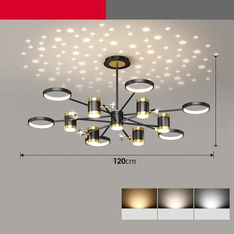 Black iron star-shaped pendant chandelier with thirteen lights and remote control