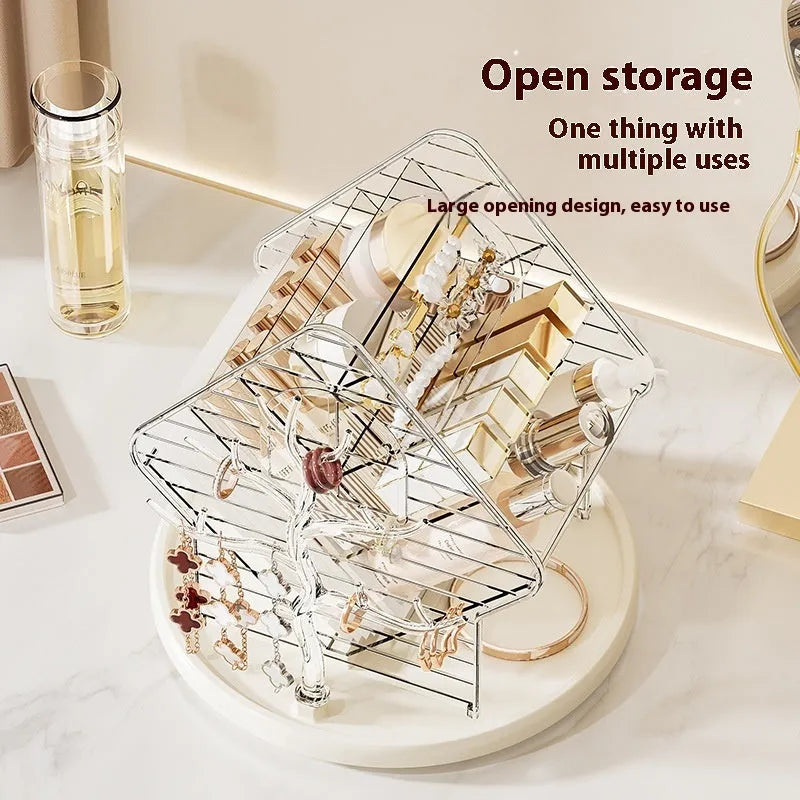 Rotating cosmetics storage box with clear plastic construction and 360-degree rotation feature