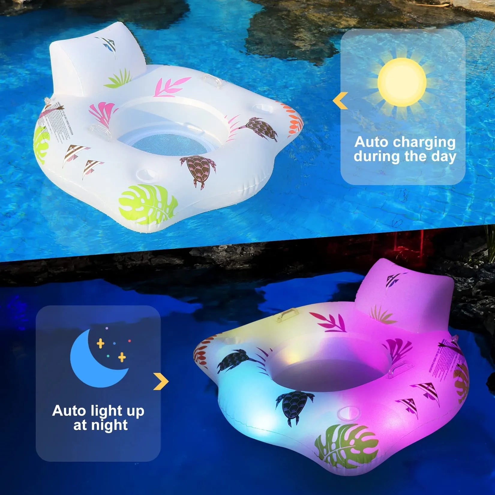 White U-shaped luminous inflatable float for pool seating measuring 120cm by 120cm
