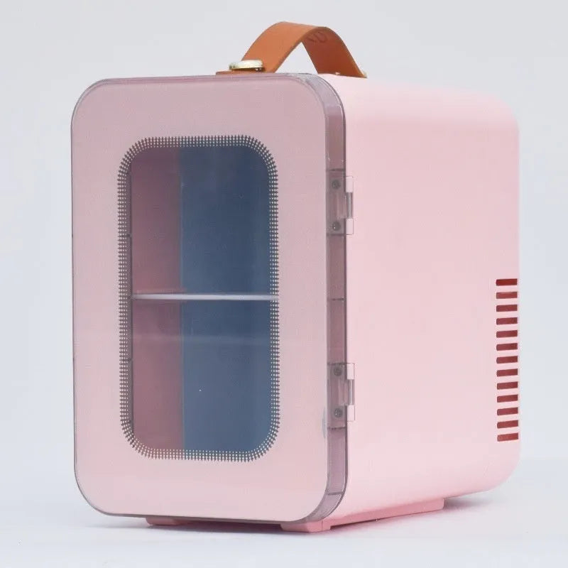 Mini refrigerator with transparent door showing 6L capacity, available in pink, black, or white colours