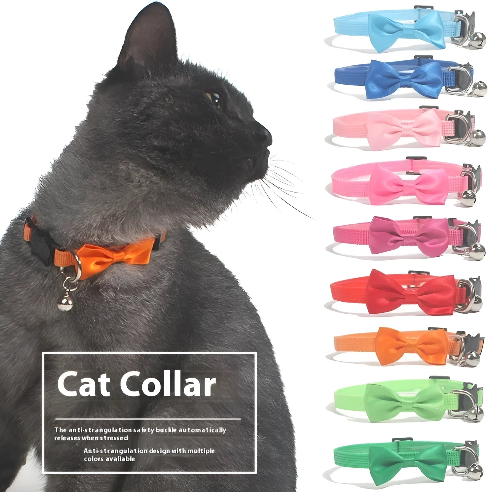 Adjustable striped nylon cat collar with bell in various colors including red, green, and blue