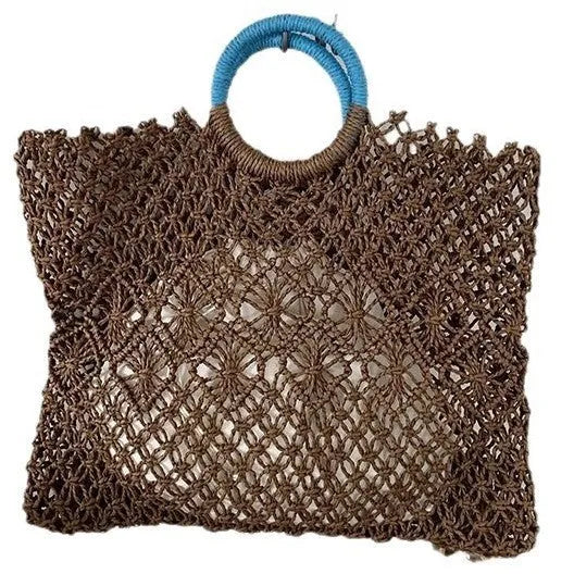 Handmade paper grass straw bag, square vertical, dark brown, 44cm wide, 36cm high, 10cm handle, polyester lining