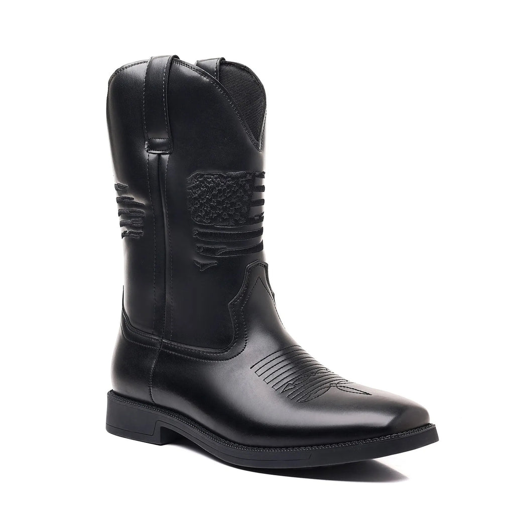 Brown retro wide head cowboy boot with decorative stitching and a square toe
