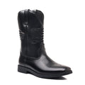 Brown retro wide head cowboy boot with decorative stitching and a square toe