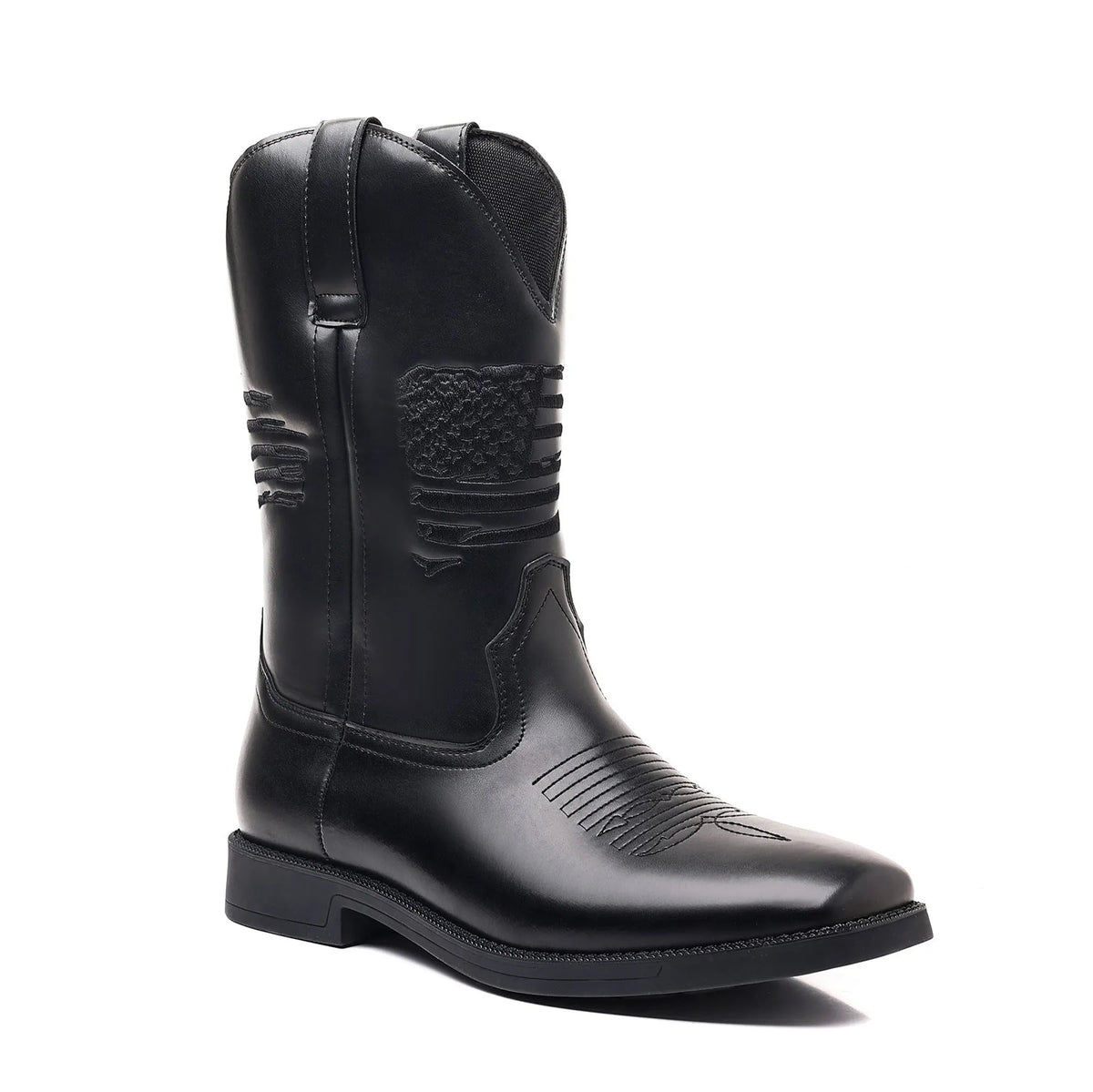 Brown retro wide head cowboy boot with decorative stitching and a square toe