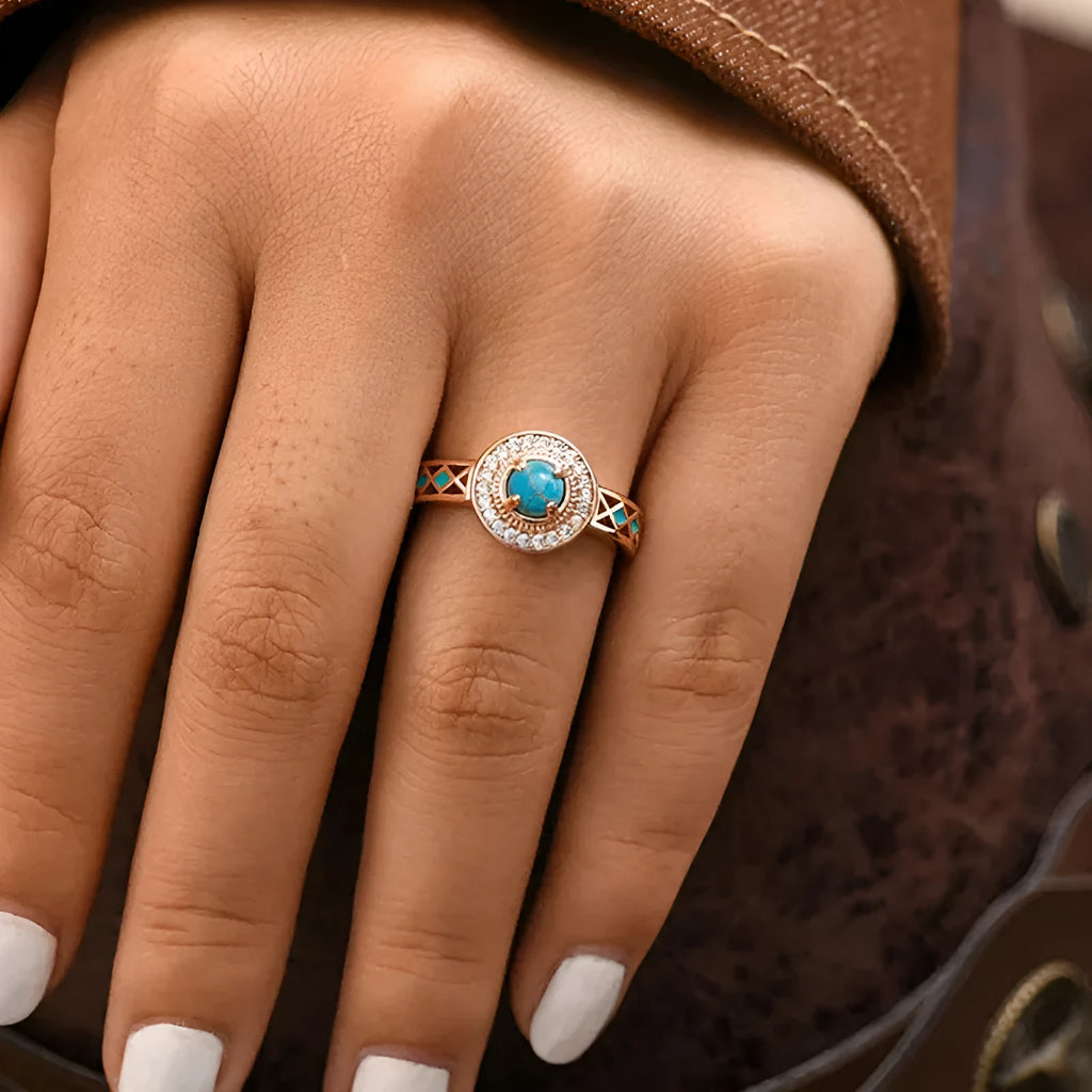 Women's turquoise geometric ring with inlaid zircon stones on rose gold copper band