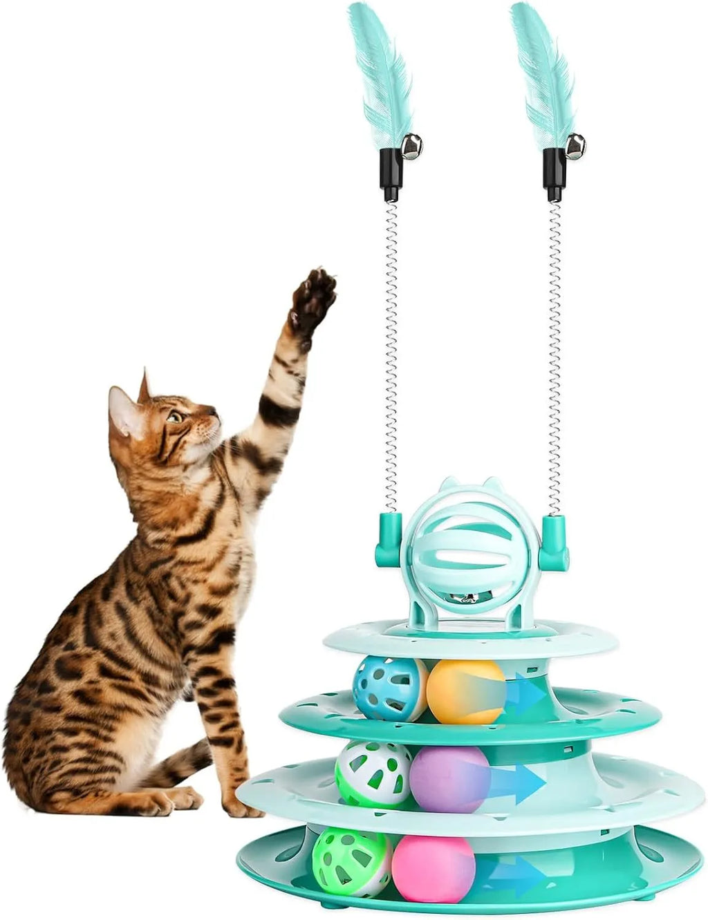 Blue four-tier interactive cat puzzle toy with rolling balls and teaser rods on a table.