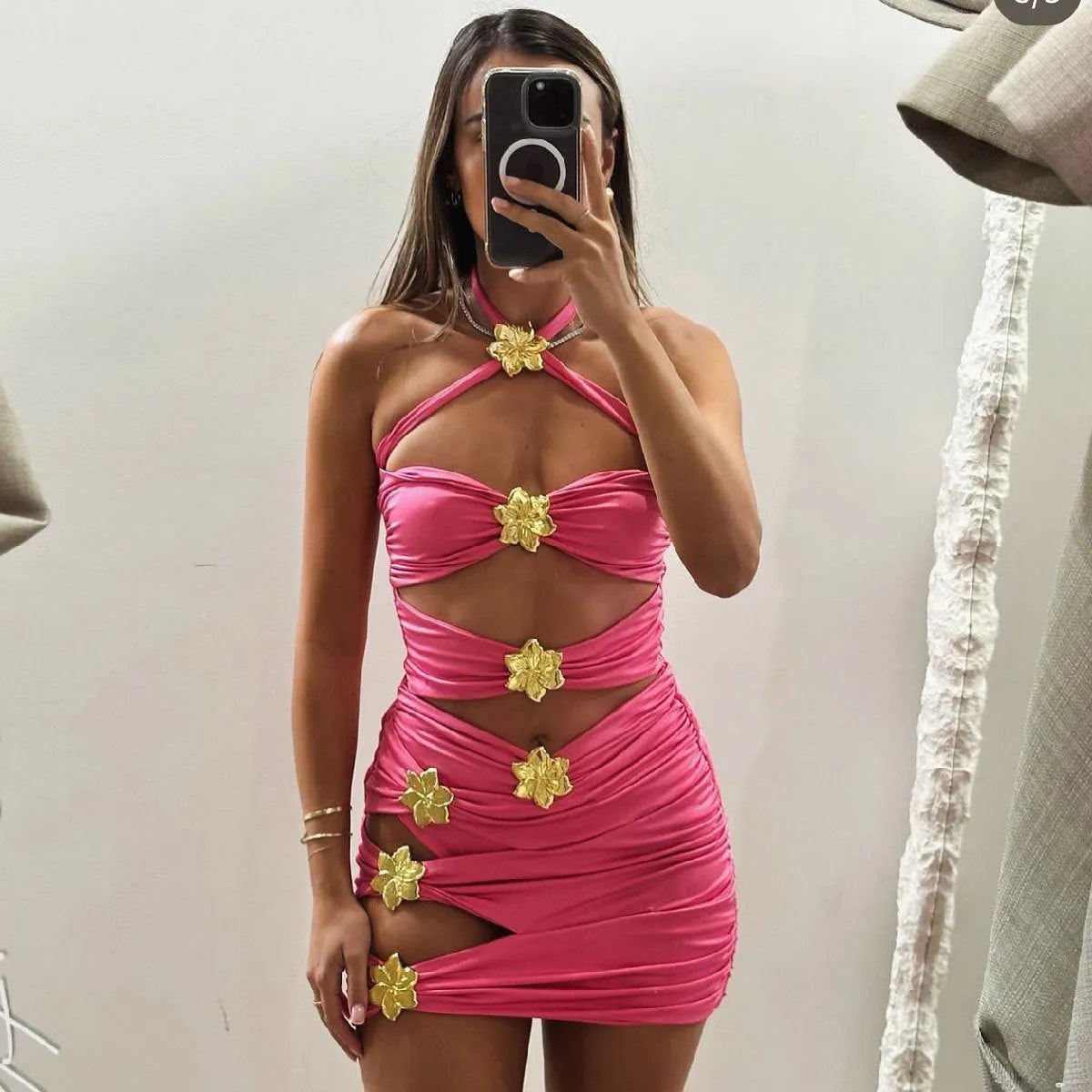Women's solid colour one-piece swimsuit with high-waist hollow-out design and matching short skirt