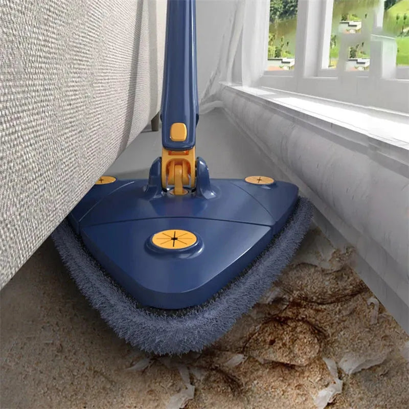 Blue extendable triangle cleaning mop with rotating head on stainless steel pole.