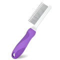 Purple pet detangling comb with stainless steel long and short teeth on a white background