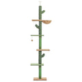 Tall solid wood cat tree with cactus-shaped nest, integrated scratch board, and hanging toys