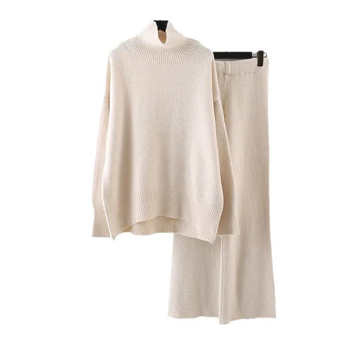 Women's casual two-piece set with acrylic sweater and wide-leg trousers in solid colour