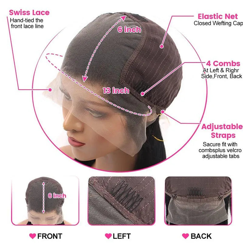 A straight, black human hair wig with a natural lace front hairline, shown at a long length.