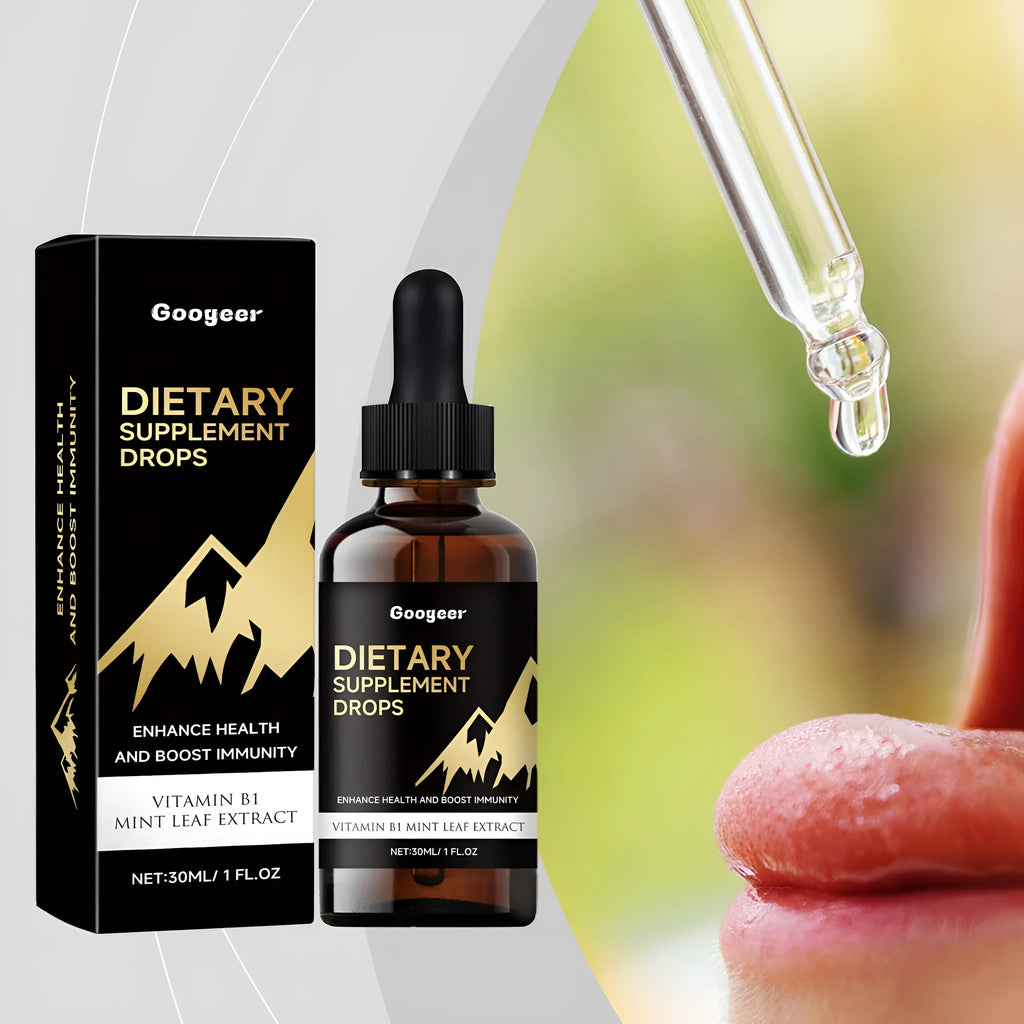 30ml bottle of clear liquid dietary supplement drops with a gluten-free, no-added-sugar label