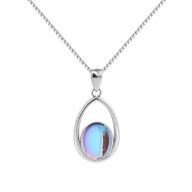 925 sterling silver moonstone pendant necklace with white gold colour box chain, crystal inlay, 41-50cm perimeter