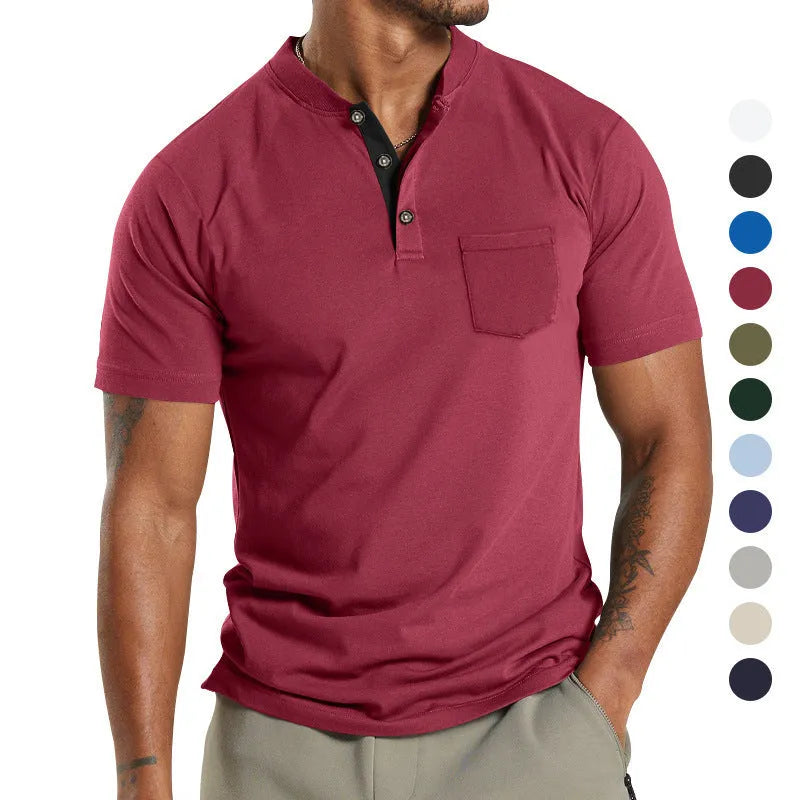 Plus size man wearing a solid colour short sleeve polyester shirt with a button chest pocket.