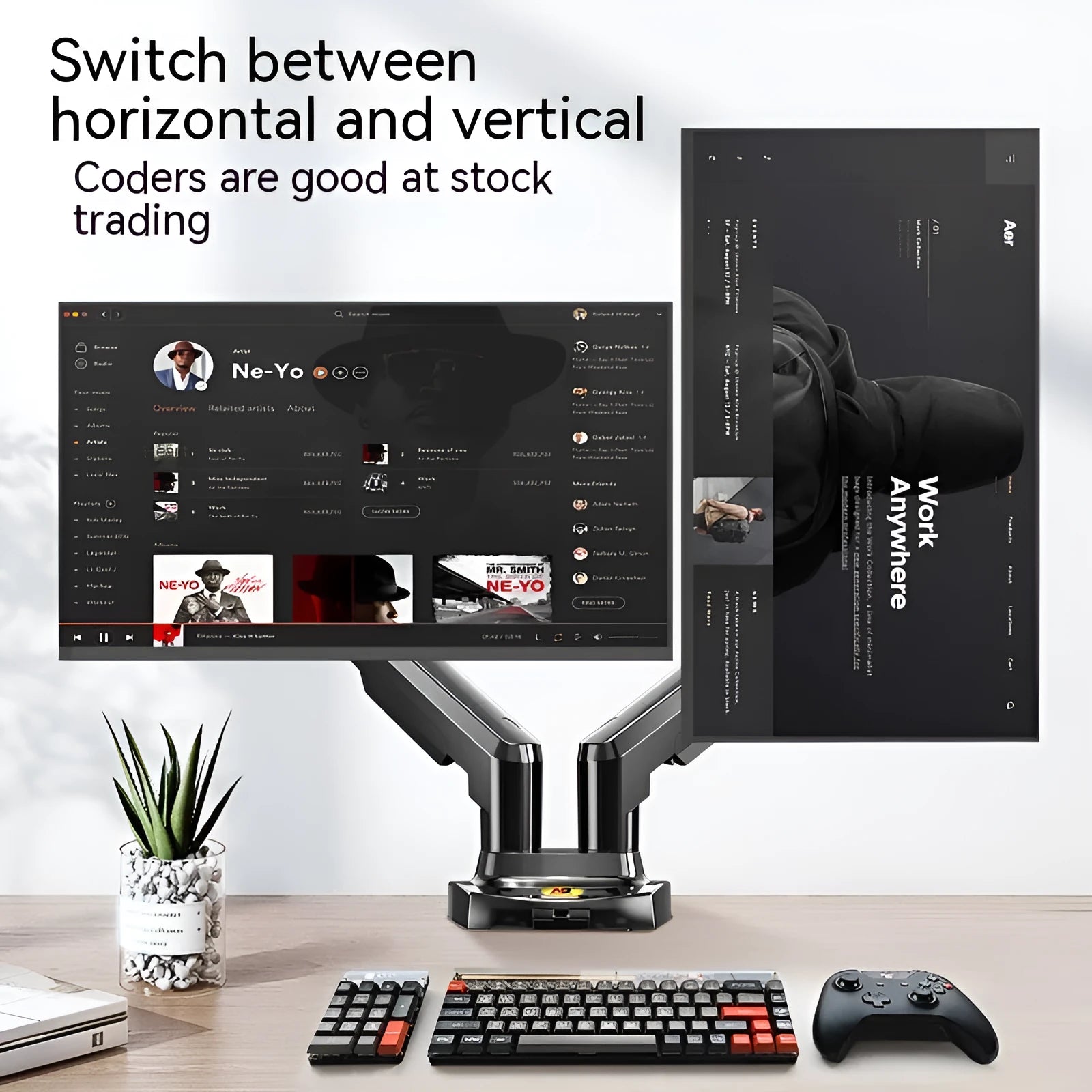Aluminium alloy dual screen monitor bracket with VESA 75-100mm mounting compatibility