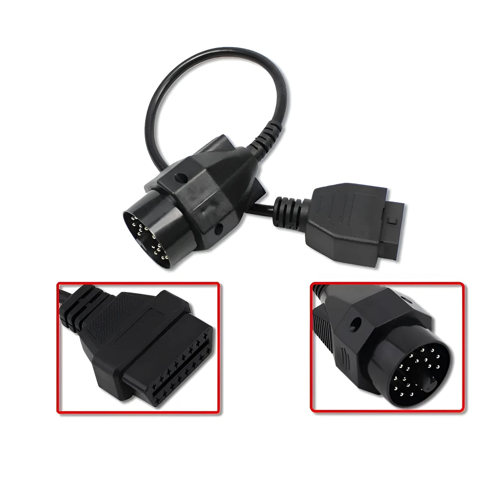 BMW OBD2 diagnostic adapter cable showing 20-pin and 16-pin connectors