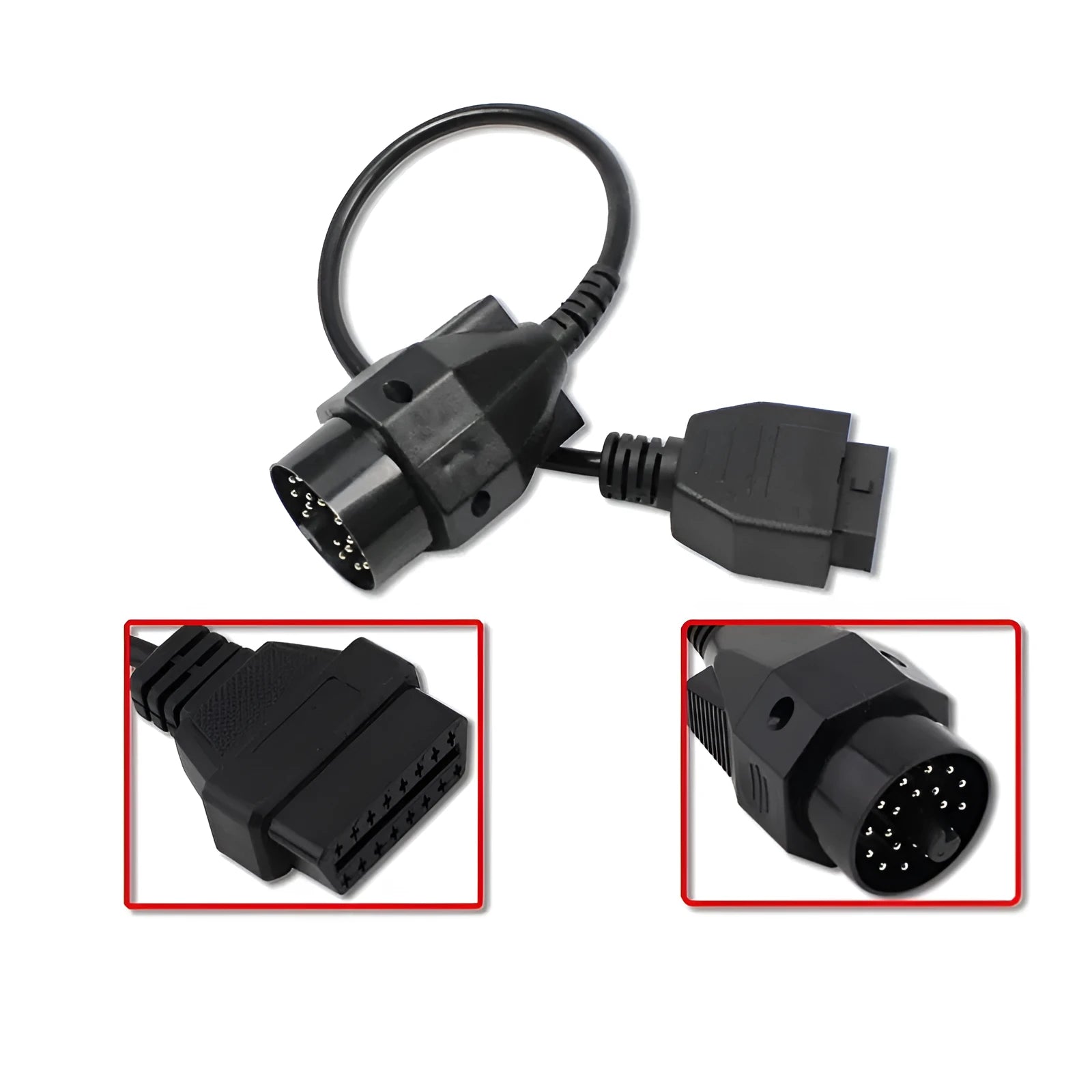 BMW OBD2 diagnostic adapter cable showing 20-pin and 16-pin connectors