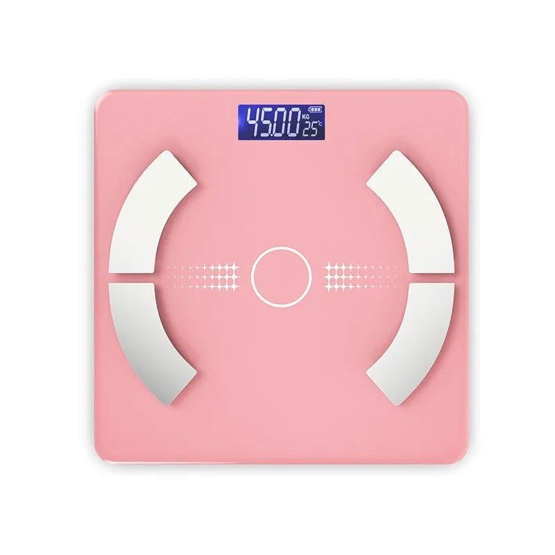Smart Bluetooth body fat scale in black, white or pink colours with digital display