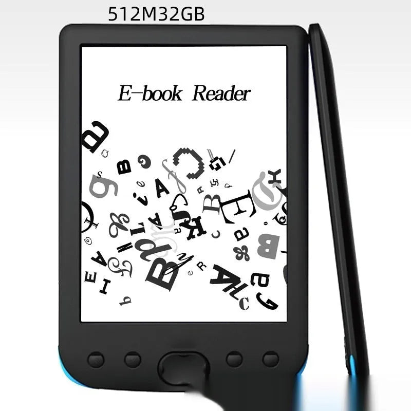 Black 6-inch E-ink screen e-book reader showing book text display