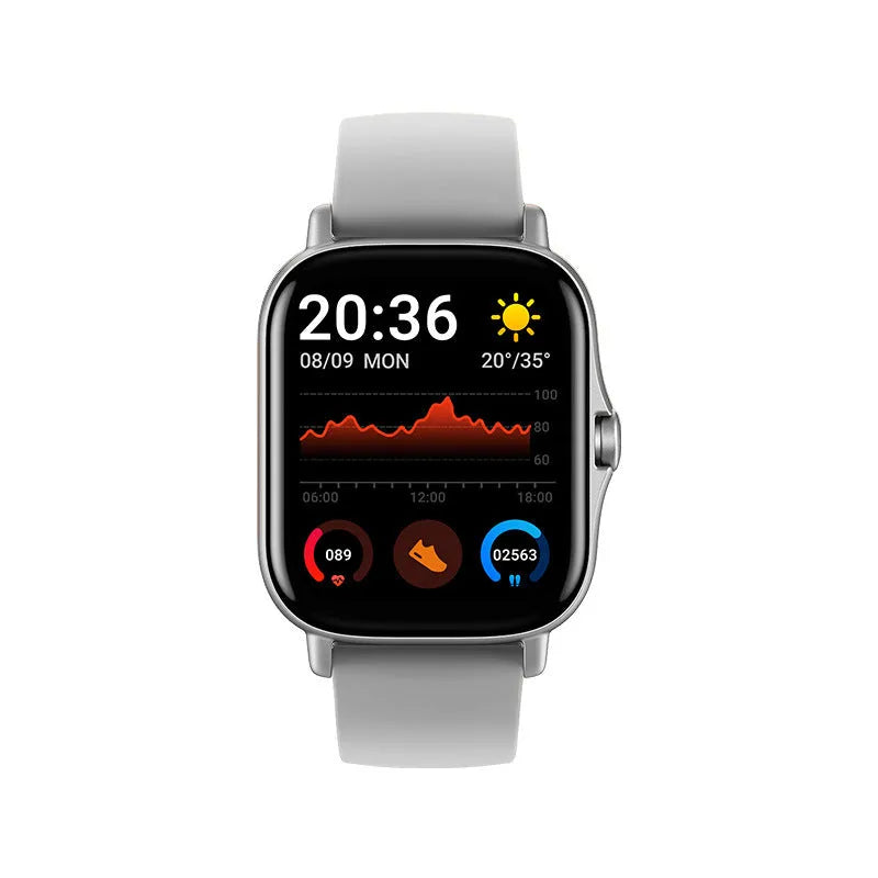 GT20 smart watch with alloy case and silicone band showing heart rate monitoring display
