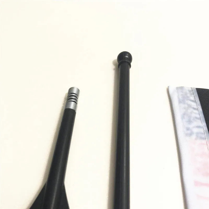 Square polyester car flag mounted on plastic handlebar flagpole for promotional display