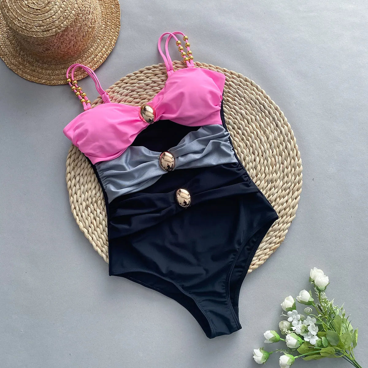 Women's brown one-piece swimsuit with matching skirt made from nylon with lycra lining