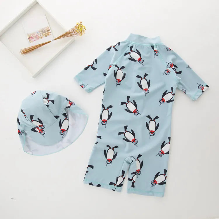 Boys' long sleeve penguin swimsuit with matching swimming cap for beach and pool use
