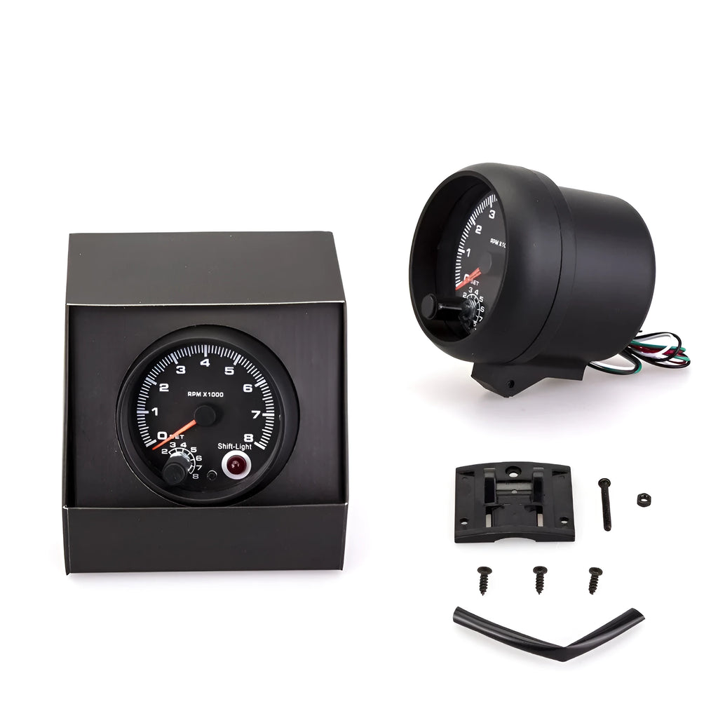 Black automotive tachometer with blue light pointer display and 95mm plastic housing