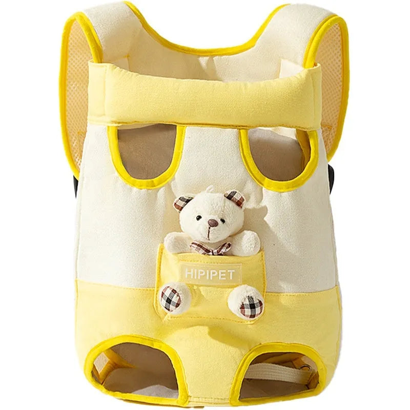 Canvas pet carrier bag with cartoon animal pattern and colourful stitching in four size options