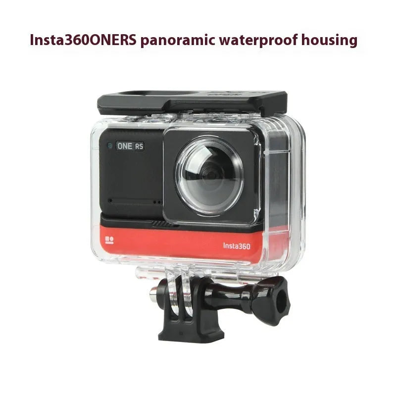 Transparent waterproof case for Insta360 One RS panoramic camera with dimensions 9x8x4.5cm