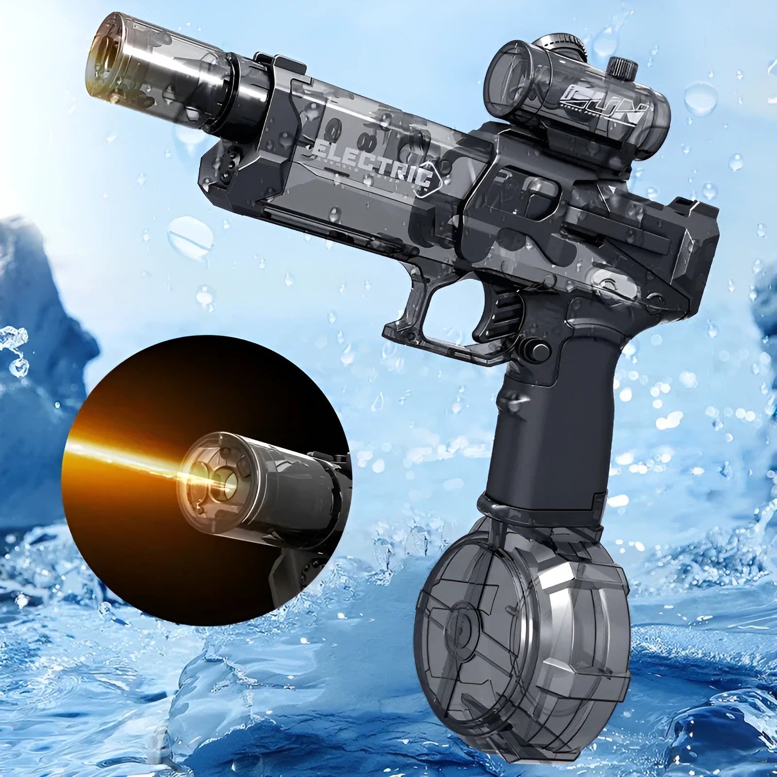 Black and blue automatic electric water pistol with LED lights, shown ready for a summer water fight.