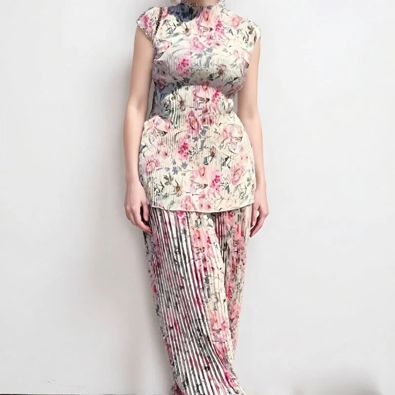 Long sleeve printed chiffon dress with matching top, high-waisted skirt design in picture colour.
