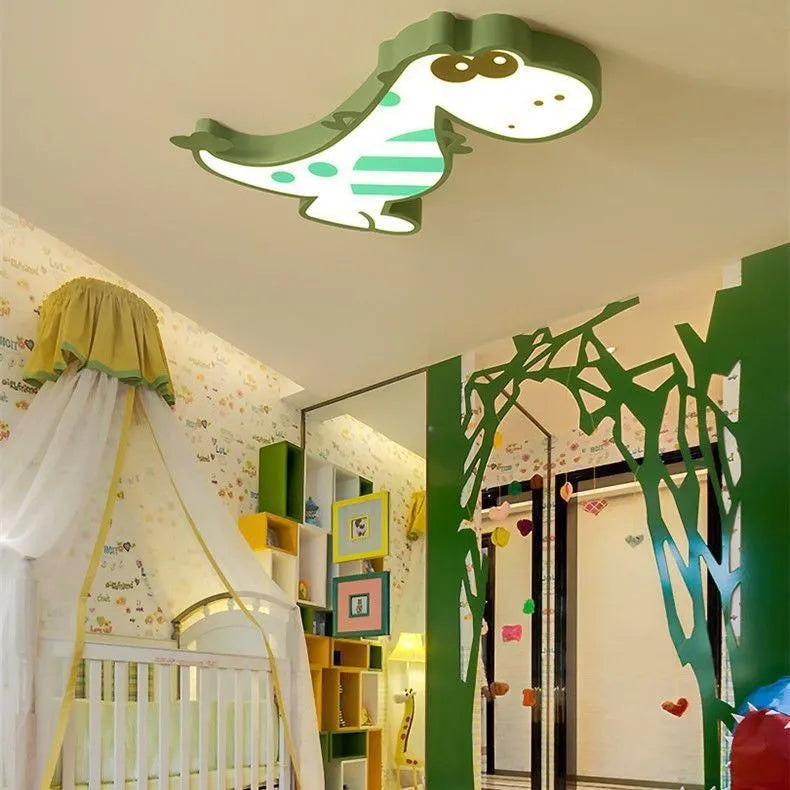 Green cartoon dinosaur ceiling light with dimming for a child's bedroom