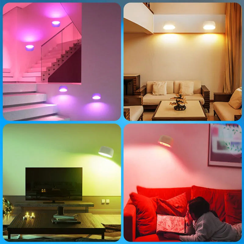 White oval magnetic wall lamp with remote control showing 360-degree rotation and colour changing LED lights