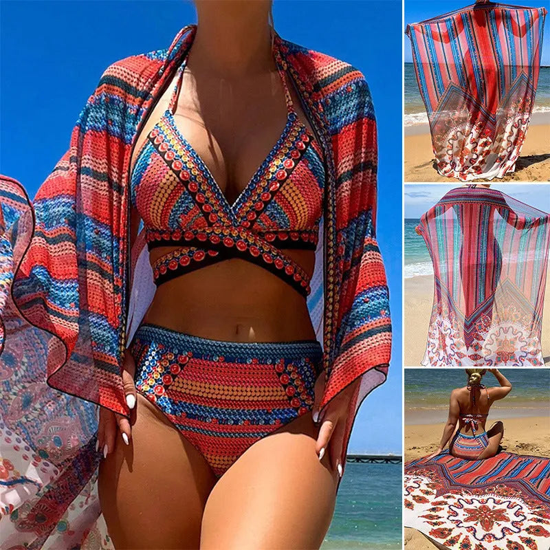 Women's three-piece swimsuit set showing high-waist briefs, cutout blouse top, and matching coat in picture colour