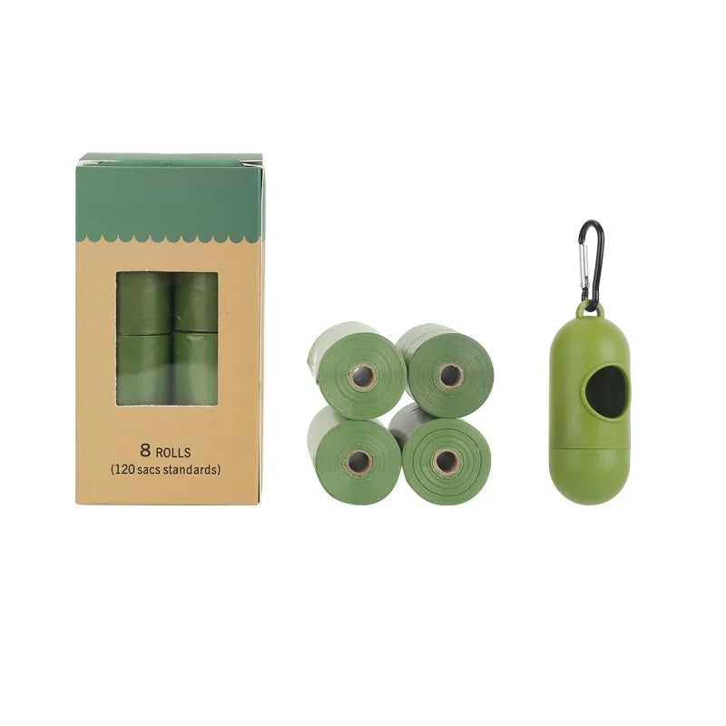 EPI degradable pet waste bag rolls in green, black, blue, and orange colours with a capsule dispenser.