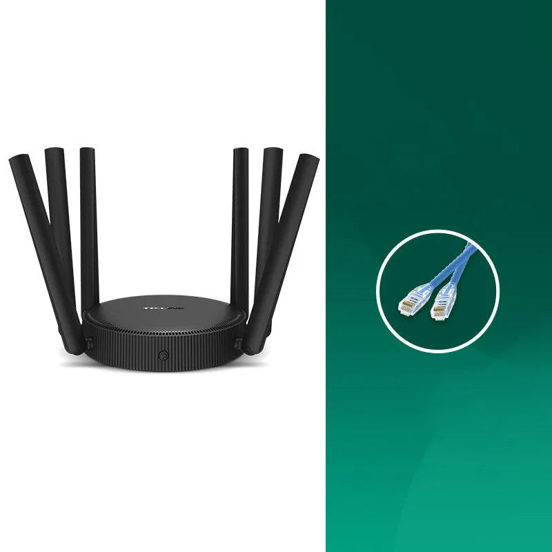 TL-WDR7661 AC1900 Gigabit wireless router shown in a home setting with network cable.