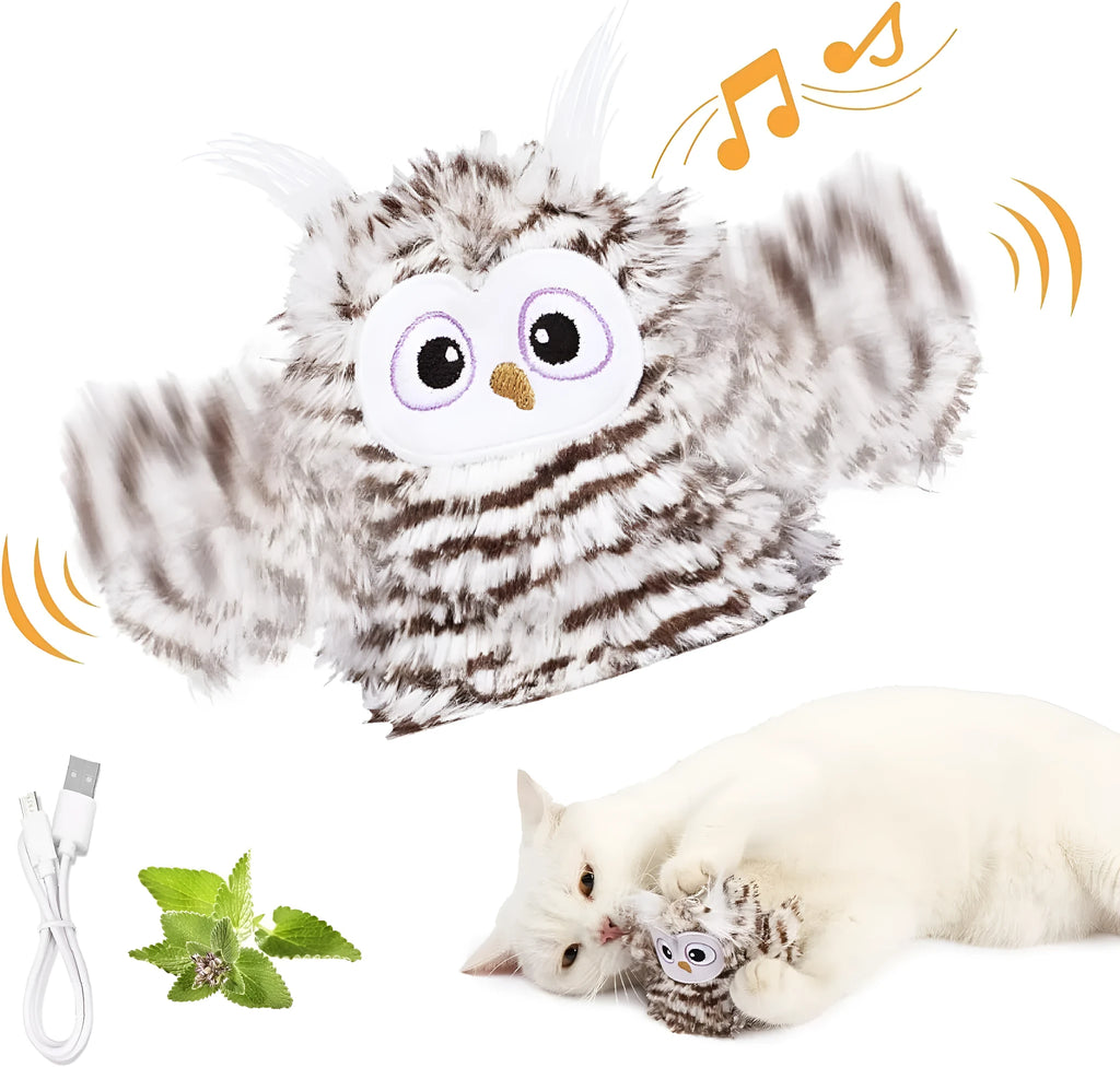 Grey automatic chirping owl cat toy with flapping wings on green background