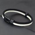 Handmade woven Milan rope alloy hand strap in black and white, showing size variations.